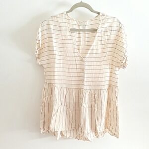 Cato Womens L Peplum Top White Tan Striped Linen Blend V Neck Button Short Slv